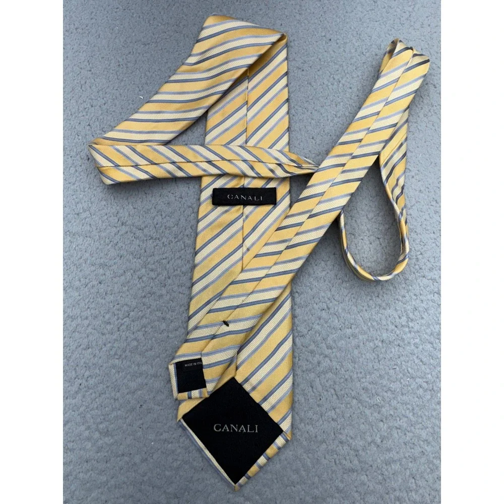 Canali Silk Repp Tie Yellow Blue Striped Made In Italy Designer Necktie
